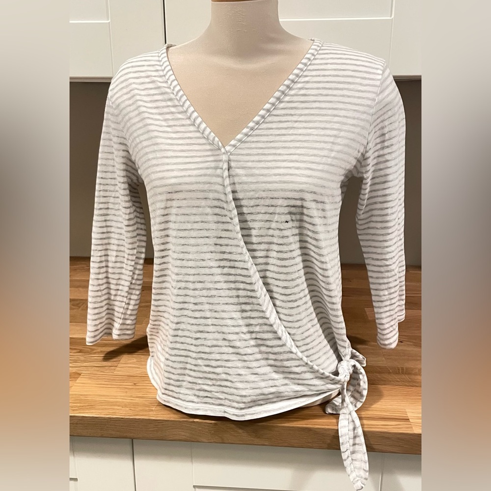 NWOT Eddie Bauer Gray and White Striped V-Neck Wrap Top